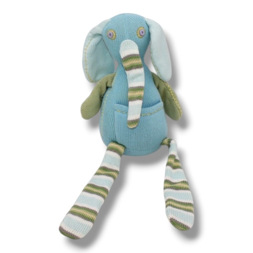 Pottery Barn Kids PBK Blue Knit Weighted Elephant Plush Striped Trunk Toy Pastel